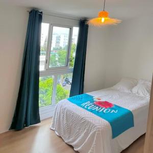 a bedroom with a bed and a large window at La Varangue bleu T3 Aéroport Sainte Marie in Sainte-Marie