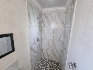 bagno con doccia e pareti in marmo di Bird Whistle a Zeekoevlei Altre 5 foto