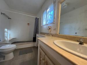 um banheiro com uma pia, um vaso sanitário e um espelho em Condo 1bdr 1bth with garden em Punta Cana