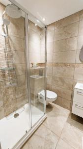 a bathroom with a shower and a toilet at cocon des arènes et parking in Nîmes +10 photos