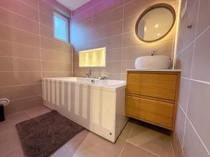 a bathroom with a tub and a sink and a mirror at T2 avec bain à remous en plein centre de Chartres in Chartres +1 photo