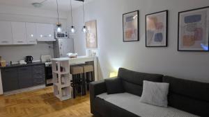 a living room with a couch and a kitchen at Fimiso in Borča