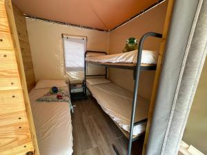 ein Schlafzimmer mit zwei Etagenbetten in einem winzigen Haus in der Unterkunft Tienda Guara in Alquézar