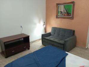 een woonkamer met een bank en een tv bij Pousada Encanto dos Olhos in Alexânia