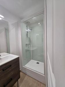 a white bathroom with a shower and a sink at Murmures de la Risle in Pont-Audemer