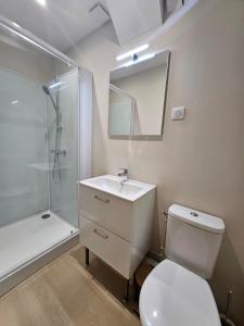 a bathroom with a toilet and a shower and a sink at Murmures de la Risle in Pont-Audemer