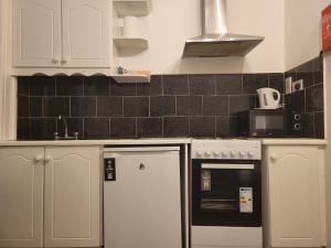 a kitchen with a stove and a white refrigerator at Cosy in Cork in Cork