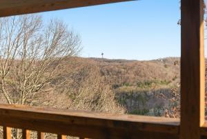 a view from a window of a cross on a hill at Ozark Overlook Escape - For 6 in Branson West
