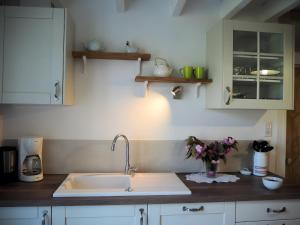 eine Küche mit einer Spüle und einer Blumenvase auf der Arbeitsplatte in der Unterkunft Gite La Ferme - Les Gites Du Moulin in Saint-Hilaire-la-Palud + 18 Fotos