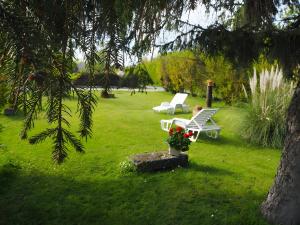 zwei weiße Stühle in einem Garten mit einem Baum in der Unterkunft Gite La Ferme - Les Gites Du Moulin in Saint-Hilaire-la-Palud