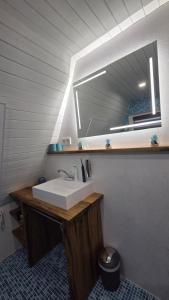 a bathroom with a sink and a mirror at Villa Aurora in Waldbrunn +14 photos