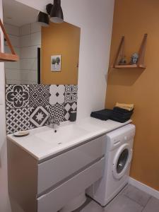 een badkamer met een wasmachine en een wastafel bij Gîte Ô Et Nature in Saint-Viaud