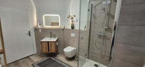 a bathroom with a shower and a toilet and a sink at Midtown Geeste Appartement - Free Parking & WiFi in Bremerhaven