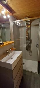 a bathroom with a sink and a shower at Res. Sole Alto appartamenti Solandra in Mezzana +62 photos