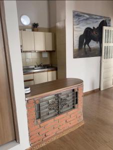 Exclusive Studio Apartment in the Old City Cartagena في كارتاهينا دي اندياس: مطبخ مع موقد من الطوب مع لوحة على الحائط +3 صور