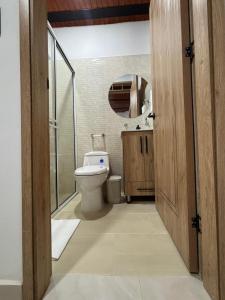 Apartamento Jardines Guaduas Cundinamarca في غوادواس: حمام مزود بمرحاض ودش زجاجي