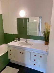 une salle de bains avec un lavabo blanc et un miroir dans l'établissement Appartement vue sur Tour Eiffel, à Garches