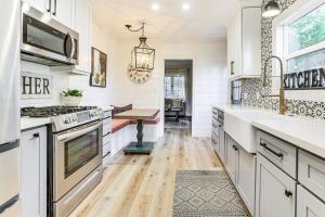 a kitchen with white cabinets and a wooden floor at Steps to Lake Arrowhead Village Chic Apartment in Lake Arrowhead