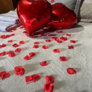 een rood hart en rode rozen op een bed bij Cabana Anitápolis in Annitapolis