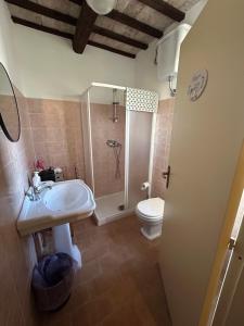 a bathroom with a sink and a toilet and a shower at Il Cantico in Cagli