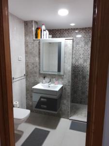 ein Badezimmer mit Waschbecken, Dusche und Toilette in der Unterkunft Dar Sabrina Bizerte Corniche in Banzart