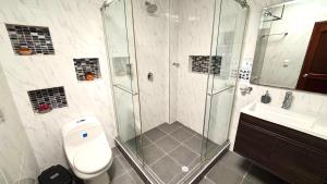 a bathroom with a shower and a toilet and a sink at Hotel Sleep Well in Filandia