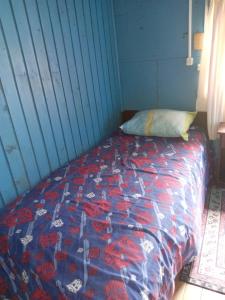 ein Bett in einem blauen Zimmer mit einer Tagesdecke mit einem Fußballmotiv in der Unterkunft Casa silvia in Llanquihue