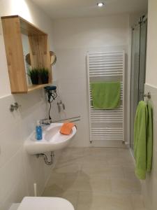 ein Bad mit einem Waschbecken, einem WC und einer Dusche in der Unterkunft Ferienwohnungsvermietung Leitel in Brandenburg an der Havel