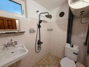 a bathroom with a shower and a toilet and a sink at Cozy two room maisonette apartment in Samokov