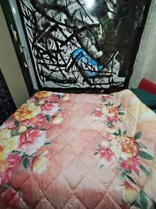 a pink bed with flowers on it in a room at Habitación doble- cama dos plazas in Los Ángeles