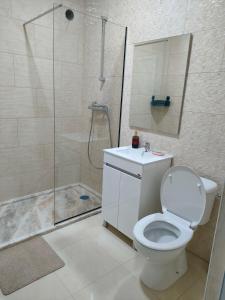 a white bathroom with a shower and a toilet at Residencial oliveira in Porto Novo +17 photos