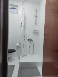 a white bathroom with a shower and a toilet at Apartman Visnjica in Rospi Ćuprija