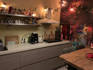 Romantisch Wellness Appartement met privé Hottub Sauna Gamesroom في Den Ham: مطبخ مع مغسلة وطاولة وكاونتر