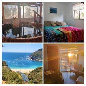 uma colagem de fotos de um quarto com vista para o oceano em Cabañas Tinaja y Sauna Laguna Verde Valparaiso em Valparaíso