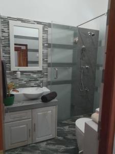 Villa Lanka Rose في Maggona West: حمام مع حوض و مرآة و مرحاض