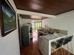 a kitchen with a refrigerator and a counter top at Serene Oasis Hideaway in Fortuna
