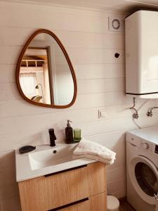 a bathroom with a sink and a mirror at Jemiołucha Glamp in Bodzentyn