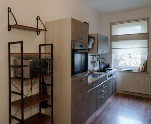 a kitchen with stainless steel appliances and a microwave at Gemütliche 2-Raum-Wohnung in Leipzig