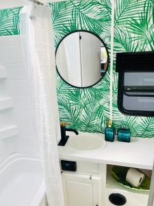 een badkamer met een wastafel en een spiegel bij Good Vibes Hidden Oasis in San Diego