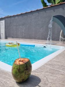 eine Kokosnuss vor einem Swimmingpool in der Unterkunft Beach house in Peruíbe in Peruíbe
