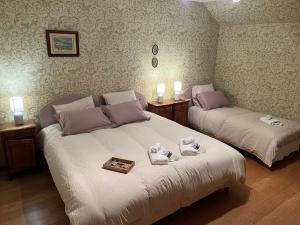a bedroom with two beds with towels on them at gîte La Maison d'Odette in Saint-Rémy-du-Plein