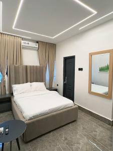 a bedroom with a large bed and a mirror at Delmori Homes in Enugu