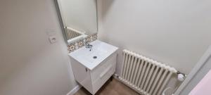 Un baño blanco con lavabo y espejo. en Appartement proche Grand Parc 1 Chambre, en Mauléon