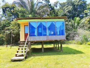 a small house with blue windows and a ladder at Red Uakari Jungle Lodge in Iquitos +28 photos