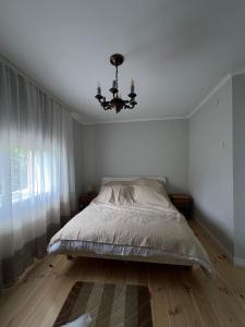een witte slaapkamer met een bed en een kroonluchter bij Яблунева садиба 