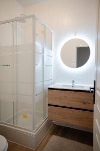 a bathroom with a shower and a sink and a mirror at Saint-Fons centre appartement meublé in Saint-Fons
