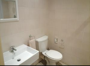 Shalom Guest House في ايدنفيل: حمام مع مرحاض أبيض ومغسلة
