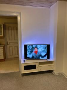 a flat screen tv sitting on a stand in a living room at Kiko in Horsens +21 photos