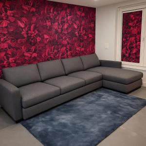 a living room with a couch and a red wall at SuiteDreams - Ruby Suite Liège in Liège