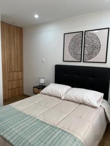 Moderno dpto de estreno en zona centrica في أريكيبا: غرفة نوم بها سرير كبير مع صورتين على الحائط